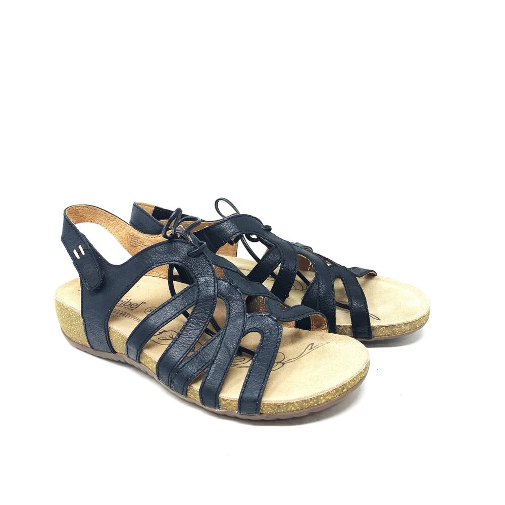 Josef Seibel Natalya 01 Black Leather Gladiator Lace Tie Slingback Sandals 39